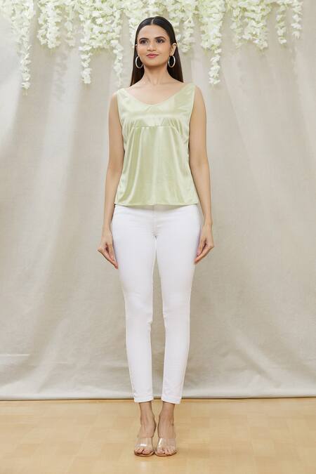 Buy Megha Garg Green Crepe Sequins V Neck Placement Embroidered Flared Top Online at Aza Fashions Buy_Megha Garg_Green Crepe Sequins V Neck Placement Embroidered Flared Top _Online_at_Aza_Fashions