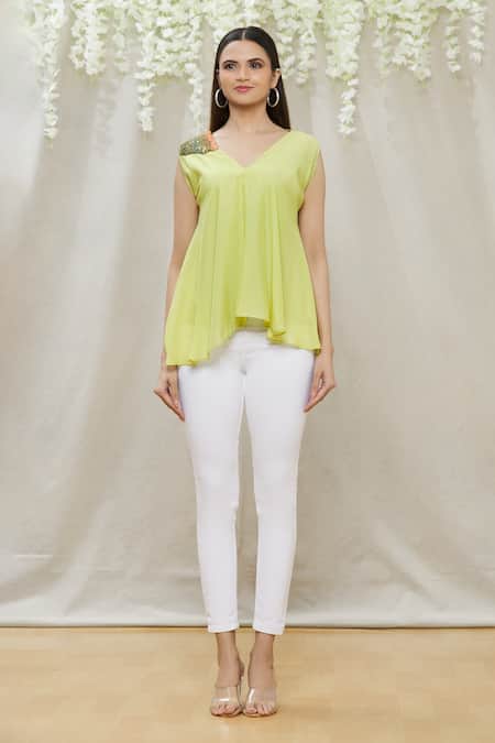 Shop Megha Garg Green Crepe Sequins V Neck Placement Embroidered Flared Top Online at Aza Fashions Shop_Megha Garg_Green Crepe Sequins V Neck Placement Embroidered Flared Top _Online_at_Aza_Fashions