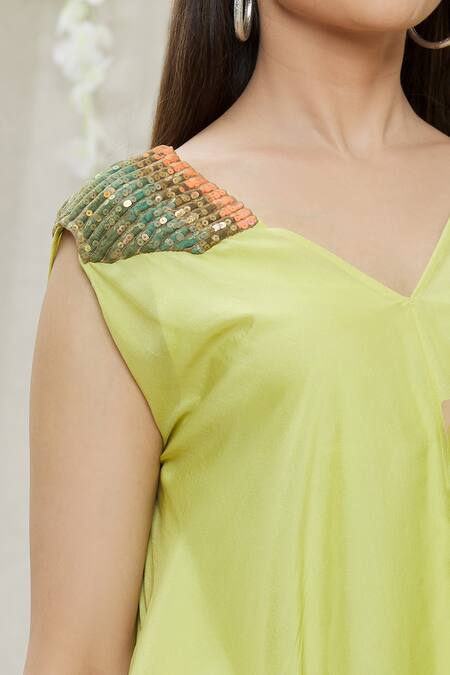 Megha Garg Green Crepe Sequins V Neck Placement Embroidered Flared Top at Aza Fashions Megha Garg_Green Crepe Sequins V Neck Placement Embroidered Flared Top _at_Aza_Fashions