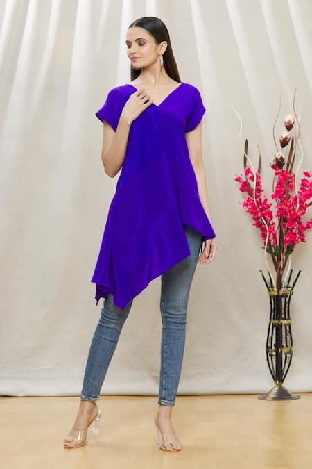 Megha Garg Purple Crepe V Neck Draped Asymmetric Tunic 
