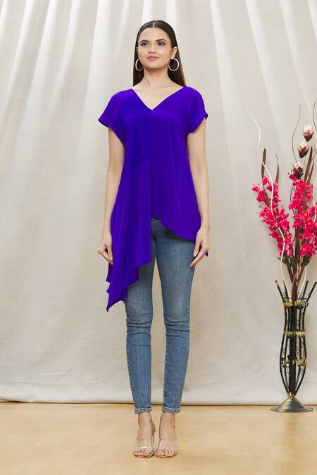 Shop Megha Garg Purple Crepe V Neck Draped Asymmetric Tunic Online at Aza Fashions Shop_Megha Garg_Purple Crepe V Neck Draped Asymmetric Tunic _Online_at_Aza_Fashions