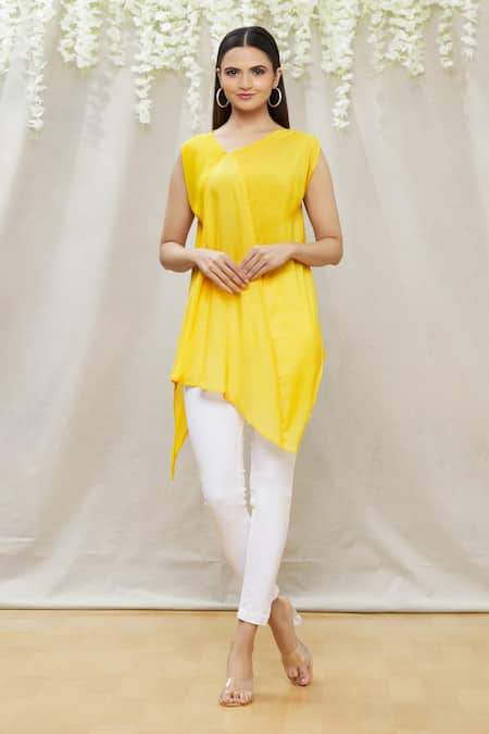 Megha Garg Yellow Crepe V Neck Draped Asymmetric Tunic 