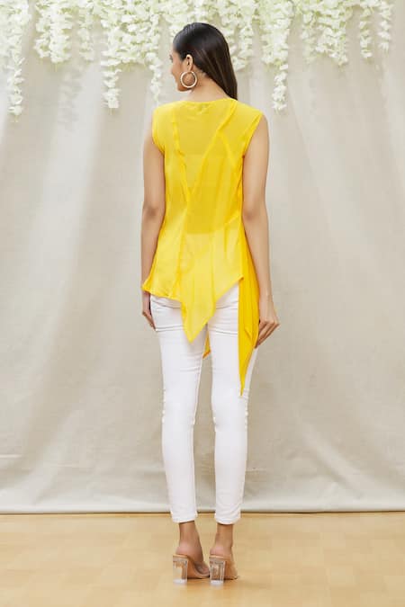 Shop Megha Garg Yellow Crepe V Neck Draped Asymmetric Tunic at Aza Fashions Shop_Megha Garg_Yellow Crepe V Neck Draped Asymmetric Tunic _at_Aza_Fashions