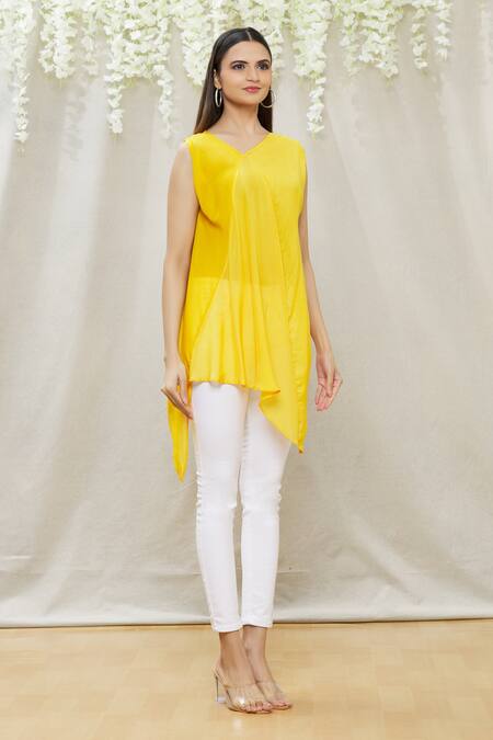 Megha Garg Yellow Crepe V Neck Draped Asymmetric Tunic Online at Aza Fashions Megha Garg_Yellow Crepe V Neck Draped Asymmetric Tunic _Online_at_Aza_Fashions