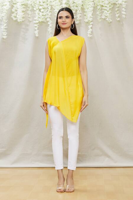Buy Megha Garg Yellow Crepe V Neck Draped Asymmetric Tunic Online at Aza Fashions Buy_Megha Garg_Yellow Crepe V Neck Draped Asymmetric Tunic _Online_at_Aza_Fashions