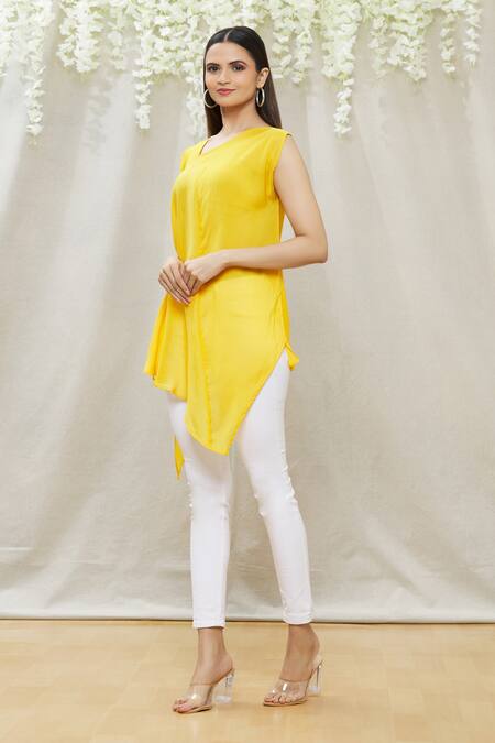 Shop Megha Garg Yellow Crepe V Neck Draped Asymmetric Tunic Online at Aza Fashions Shop_Megha Garg_Yellow Crepe V Neck Draped Asymmetric Tunic _Online_at_Aza_Fashions