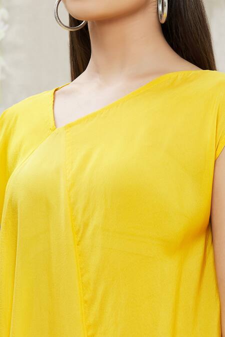 Megha Garg Yellow Crepe V Neck Draped Asymmetric Tunic at Aza Fashions Megha Garg_Yellow Crepe V Neck Draped Asymmetric Tunic _at_Aza_Fashions