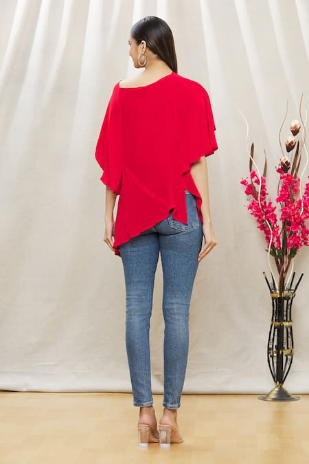 Shop Megha Garg Red Crepe V Neck Draped Asymmetric Tunic at Aza Fashions Shop_Megha Garg_Red Crepe V Neck Draped Asymmetric Tunic _at_Aza_Fashions