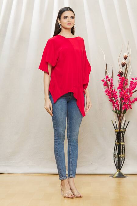 Megha Garg Red Crepe V Neck Draped Asymmetric Tunic Online at Aza Fashions Megha Garg_Red Crepe V Neck Draped Asymmetric Tunic _Online_at_Aza_Fashions