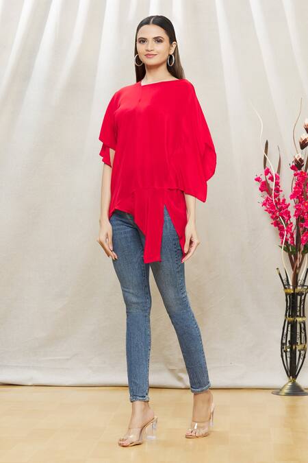 Buy Megha Garg Red Crepe V Neck Draped Asymmetric Tunic Online at Aza Fashions Buy_Megha Garg_Red Crepe V Neck Draped Asymmetric Tunic _Online_at_Aza_Fashions