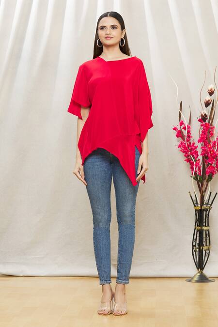 Shop Megha Garg Red Crepe V Neck Draped Asymmetric Tunic Online at Aza Fashions Shop_Megha Garg_Red Crepe V Neck Draped Asymmetric Tunic _Online_at_Aza_Fashions