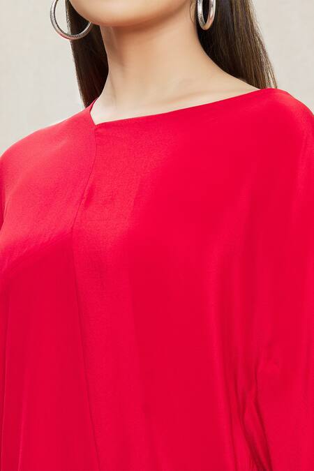 Megha Garg Red Crepe V Neck Draped Asymmetric Tunic at Aza Fashions Megha Garg_Red Crepe V Neck Draped Asymmetric Tunic _at_Aza_Fashions