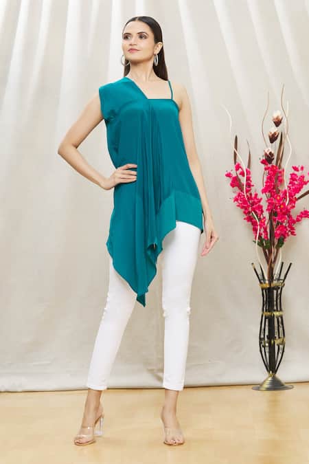 Megha Garg Blue Crepe Asymmetric Draped Tunic 
