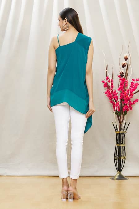 Shop Megha Garg Blue Crepe Asymmetric Draped Tunic at Aza Fashions Shop_Megha Garg_Blue Crepe Asymmetric Draped Tunic _at_Aza_Fashions