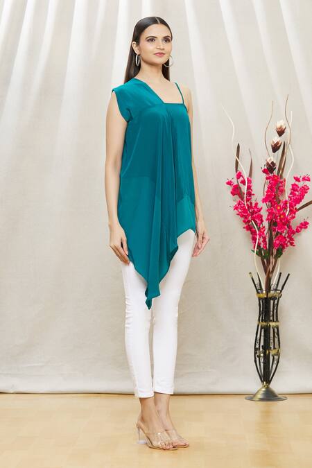 Megha Garg Blue Crepe Asymmetric Draped Tunic Online at Aza Fashions Megha Garg_Blue Crepe Asymmetric Draped Tunic _Online_at_Aza_Fashions