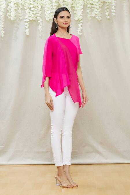 Megha Garg Pink Crepe Round Draped Asymmetric Tunic Online at Aza Fashions Megha Garg_Pink Crepe Round Draped Asymmetric Tunic _Online_at_Aza_Fashions