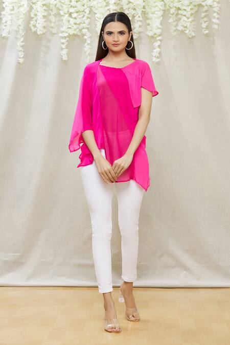 Buy Megha Garg Pink Crepe Round Draped Asymmetric Tunic Online at Aza Fashions Buy_Megha Garg_Pink Crepe Round Draped Asymmetric Tunic _Online_at_Aza_Fashions