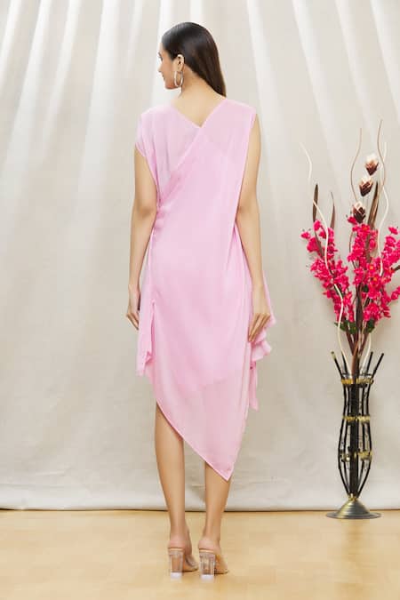 Shop Megha Garg Pink Chiffon V Neck Draped Asymmetric Dress at Aza Fashions Shop_Megha Garg_Pink Chiffon V Neck Draped Asymmetric Dress _at_Aza_Fashions
