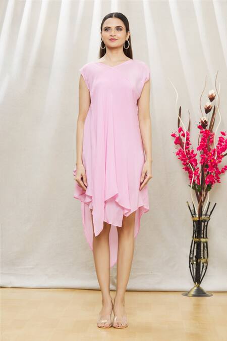Shop Megha Garg Pink Chiffon V Neck Draped Asymmetric Dress Online at Aza Fashions Shop_Megha Garg_Pink Chiffon V Neck Draped Asymmetric Dress _Online_at_Aza_Fashions