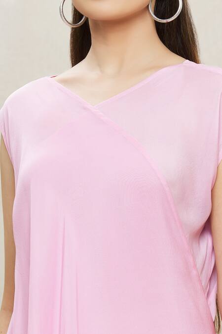 Megha Garg Pink Chiffon V Neck Draped Asymmetric Dress at Aza Fashions Megha Garg_Pink Chiffon V Neck Draped Asymmetric Dress _at_Aza_Fashions