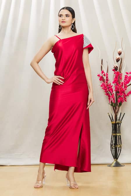 Megha Garg Red Satin Sequins One Shoulder Dress 