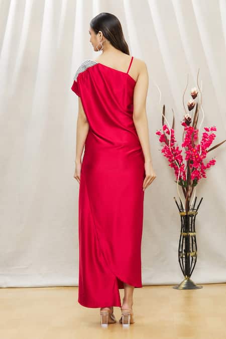 Shop Megha Garg Red Satin Sequins One Shoulder Dress at Aza Fashions Shop_Megha Garg_Red Satin Sequins One Shoulder Dress _at_Aza_Fashions