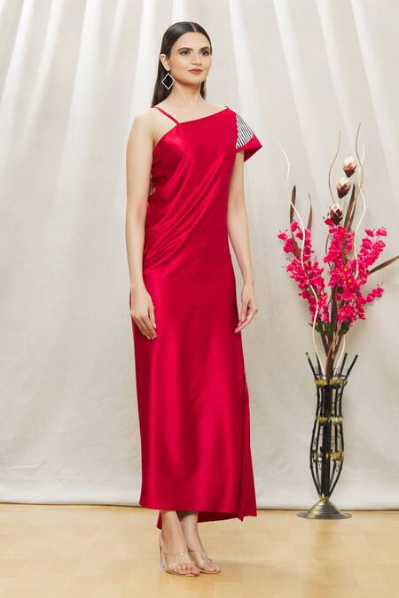 Megha Garg Red Satin Sequins One Shoulder Dress Online at Aza Fashions Megha Garg_Red Satin Sequins One Shoulder Dress _Online_at_Aza_Fashions