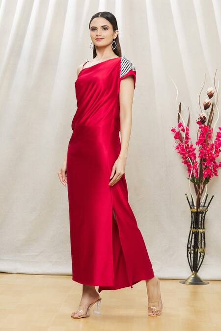 Buy Megha Garg Red Satin Sequins One Shoulder Dress Online at Aza Fashions Buy_Megha Garg_Red Satin Sequins One Shoulder Dress _Online_at_Aza_Fashions