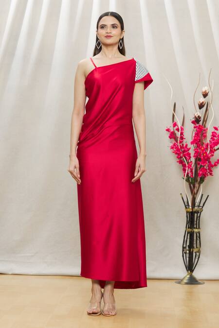 Shop Megha Garg Red Satin Sequins One Shoulder Dress Online at Aza Fashions Shop_Megha Garg_Red Satin Sequins One Shoulder Dress _Online_at_Aza_Fashions