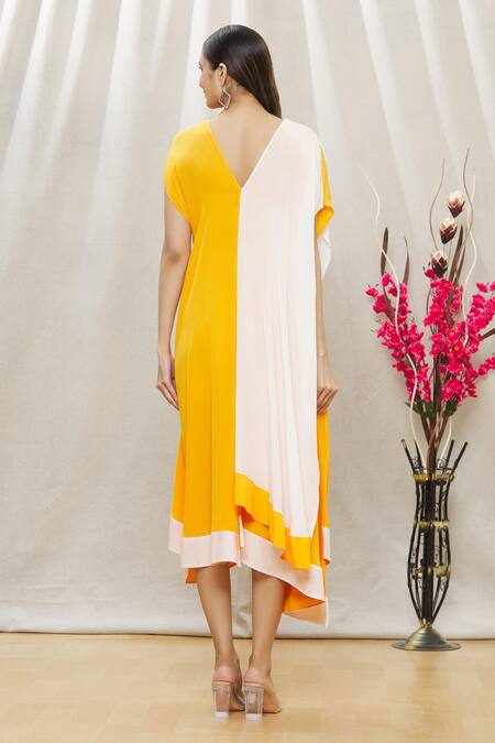 Shop Megha Garg Yellow Crepe V Neck Colourblock Draped Dress at Aza Fashions Shop_Megha Garg_Yellow Crepe V Neck Colourblock Draped Dress _at_Aza_Fashions