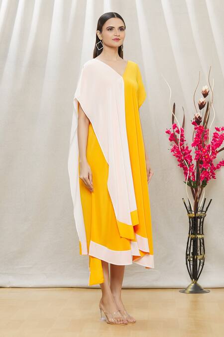 Megha Garg Yellow Crepe V Neck Colourblock Draped Dress Online at Aza Fashions Megha Garg_Yellow Crepe V Neck Colourblock Draped Dress _Online_at_Aza_Fashions