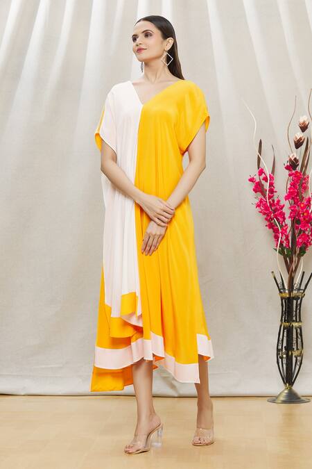Buy Megha Garg Yellow Crepe V Neck Colourblock Draped Dress Online at Aza Fashions Buy_Megha Garg_Yellow Crepe V Neck Colourblock Draped Dress _Online_at_Aza_Fashions