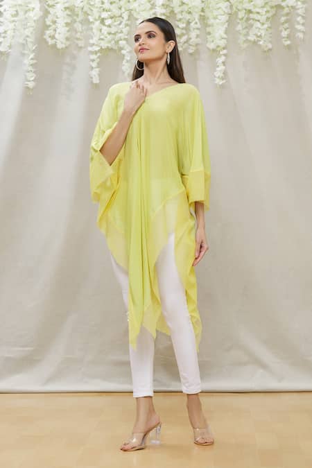 Megha Garg Green Chiffon V Neck Draped Asymmetric Tunic 