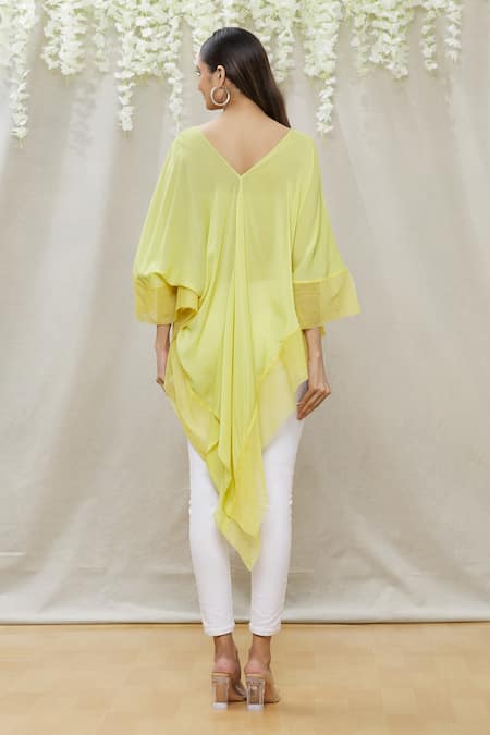 Shop Megha Garg Green Chiffon V Neck Draped Asymmetric Tunic at Aza Fashions Shop_Megha Garg_Green Chiffon V Neck Draped Asymmetric Tunic _at_Aza_Fashions