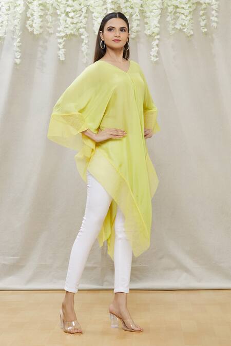 Megha Garg Green Chiffon V Neck Draped Asymmetric Tunic Online at Aza Fashions Megha Garg_Green Chiffon V Neck Draped Asymmetric Tunic _Online_at_Aza_Fashions