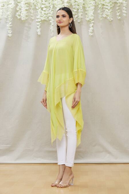 Buy Megha Garg Green Chiffon V Neck Draped Asymmetric Tunic Online at Aza Fashions Buy_Megha Garg_Green Chiffon V Neck Draped Asymmetric Tunic _Online_at_Aza_Fashions
