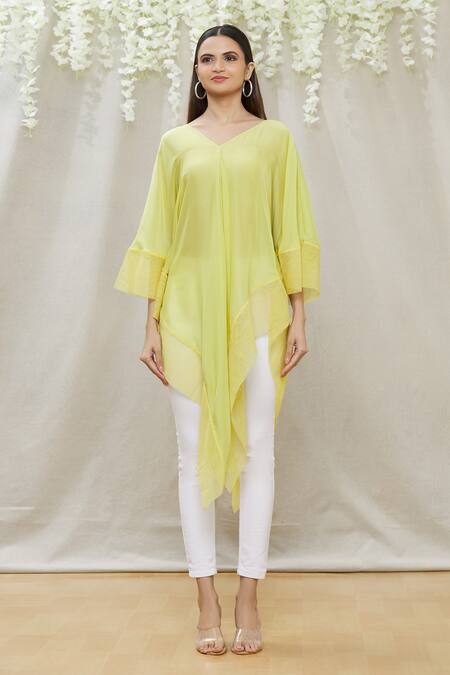 Shop Megha Garg Green Chiffon V Neck Draped Asymmetric Tunic Online at Aza Fashions Shop_Megha Garg_Green Chiffon V Neck Draped Asymmetric Tunic _Online_at_Aza_Fashions