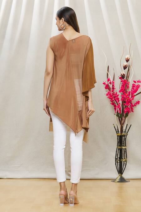 Shop Megha Garg Brown Crepe Asymmetric Draped Tunic at Aza Fashions Shop_Megha Garg_Brown Crepe Asymmetric Draped Tunic _at_Aza_Fashions