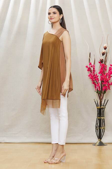 Megha Garg Brown Crepe Asymmetric Draped Tunic Online at Aza Fashions Megha Garg_Brown Crepe Asymmetric Draped Tunic _Online_at_Aza_Fashions
