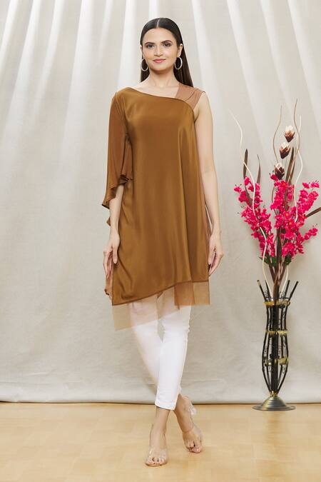 Buy Megha Garg Brown Crepe Asymmetric Draped Tunic Online at Aza Fashions Buy_Megha Garg_Brown Crepe Asymmetric Draped Tunic _Online_at_Aza_Fashions
