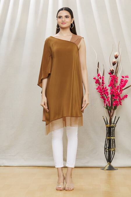 Shop Megha Garg Brown Crepe Asymmetric Draped Tunic Online at Aza Fashions Shop_Megha Garg_Brown Crepe Asymmetric Draped Tunic _Online_at_Aza_Fashions