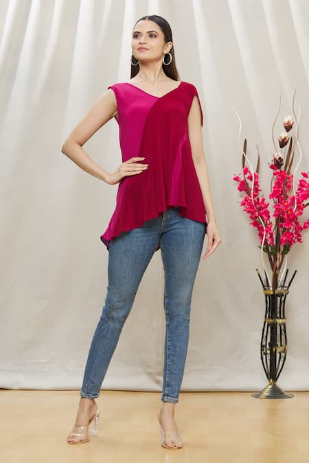 Megha Garg Maroon Crepe Asymmetric Draped Top