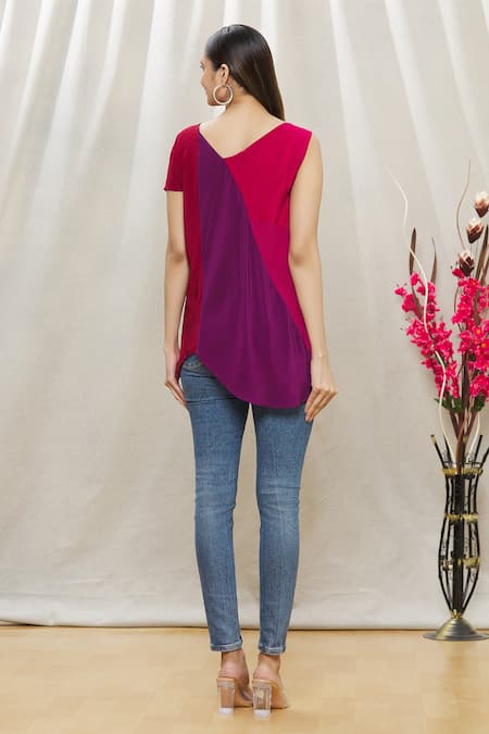 Shop Megha Garg Maroon Crepe Asymmetric Draped Top at Aza Fashions Shop_Megha Garg_Maroon Crepe Asymmetric Draped Top _at_Aza_Fashions
