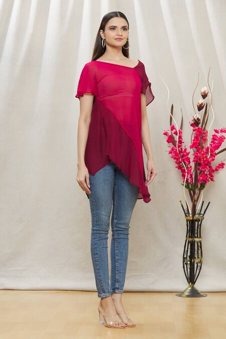 Megha Garg Pink Crepe Asymmetric Draped Tunic Online at Aza Fashions Megha Garg_Pink Crepe Asymmetric Draped Tunic _Online_at_Aza_Fashions