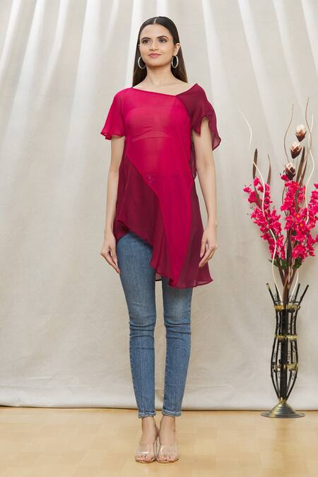 Shop Megha Garg Pink Crepe Asymmetric Draped Tunic Online at Aza Fashions Shop_Megha Garg_Pink Crepe Asymmetric Draped Tunic _Online_at_Aza_Fashions