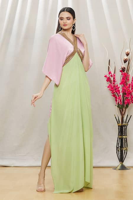 Megha Garg Pink Crepe, Sandwash Satin Sequins, Beads V Neck Colourblock Draped Gown