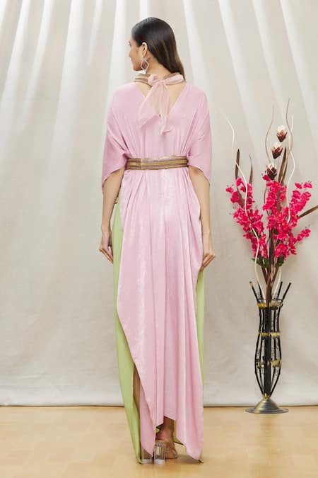 Shop Megha Garg Pink Crepe, Sandwash Satin Sequins, Beads V Neck Colourblock Draped Gown at Aza Fashions Shop_Megha Garg_Pink Crepe, Sandwash Satin Sequins, Beads V Neck Colourblock Draped Gown _at_Aza_Fashions
