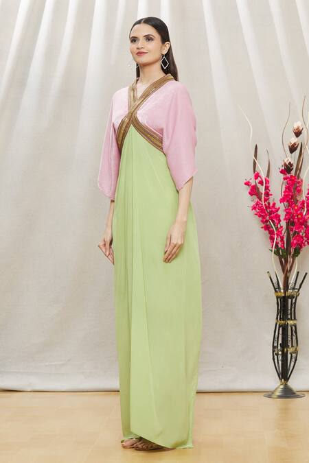 Buy Megha Garg Pink Crepe, Sandwash Satin Sequins, Beads V Neck Colourblock Draped Gown Online at Aza Fashions Buy_Megha Garg_Pink Crepe, Sandwash Satin Sequins, Beads V Neck Colourblock Draped Gown _Online_at_Aza_Fashions