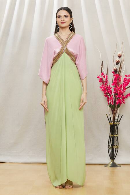 Shop Megha Garg Pink Crepe, Sandwash Satin Sequins, Beads V Neck Colourblock Draped Gown Online at Aza Fashions Shop_Megha Garg_Pink Crepe, Sandwash Satin Sequins, Beads V Neck Colourblock Draped Gown _Online_at_Aza_Fashions