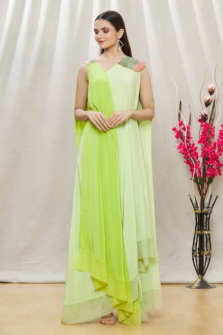 Megha Garg Green Crepe Sequins V Neck Colourblock Draped Dress Online at Aza Fashions Megha Garg_Green Crepe Sequins V Neck Colourblock Draped Dress _Online_at_Aza_Fashions